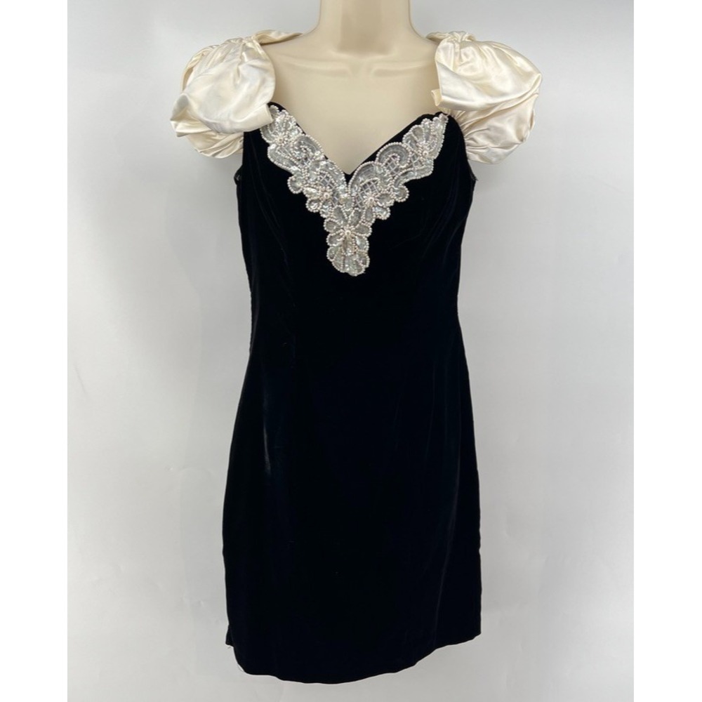VTG 80s Zum Zum Velvet Dress Lace Trim Puff Satin Sleeve Coquette Prom Goth 7/8